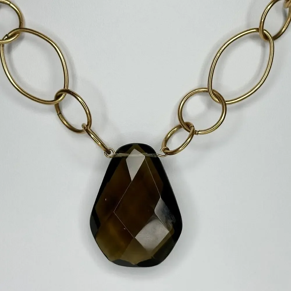 Chico's Vintage Brown Faceted Pendant on Gold Tone Chain Link Necklace